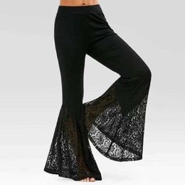 2021 Summer Plus Size Fashion Women's Wide-leg Pants Lace Stitching Big Trousers Leisure Big Flared Ladies Trousers WK15 Q0801