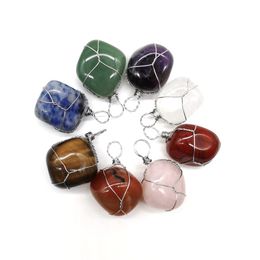 Wire Wrap Natural Stone Chakela Pendant Seven Chakras Reiki Healing Chakra Rose Quartz Crystal Pendulo Charms Necklace Making