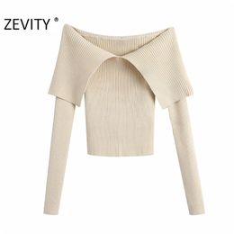 Zevity Women Sexy Slash Neck Solid Colour Slim Knitting Sweater Femme Chic Basic Long Sleeve Casual Pullovers Brand Tops S477 210806