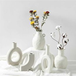 Ceramic Flower Vases Nordic Home Decoration Ornaments White Plant Pot Art Decor Crafts Wedding Vase for Centerpieces 210623