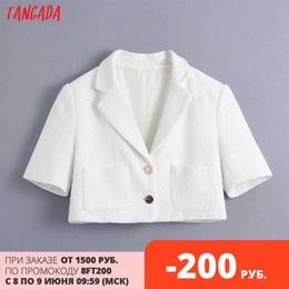 Tangada Women Fashion Metal Button White Tweed Cropped White Blazer Coat Vintage Short Sleeve Pockets Female Outerwear BE67 210609