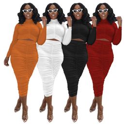 Women Two Piece Dress Long Sleeve Hollow Out Sexy Crop Top And Pleated High Elastic Street Skirt Autumn Casual Clothes