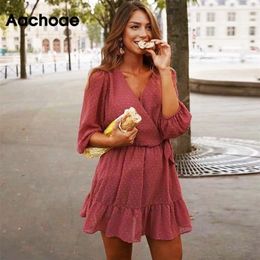 Aachoae Summer Women Ruffles Lace Chiffon Dress Boho Mini Beach Dress Three Quarter Sleeve Ladies Party Dresses Vestido 210304