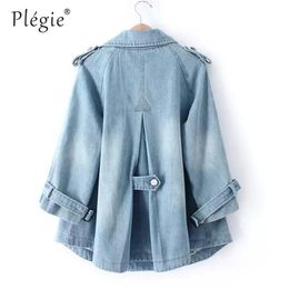 Plegie Denim Cape Coat Female Jacket Double-Breasted Big Size harajuku Jacket Windbreaker A-Line Basic Coats 211014