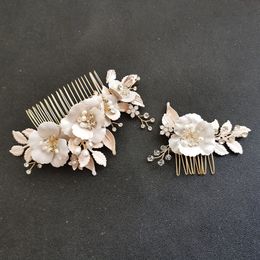 SLBRIDA Handmade Ins Style Alloy Flower Leaf Crystal Rhinestone Bridal Comb Wedding Headdress Hair Accessory Women Jewellery