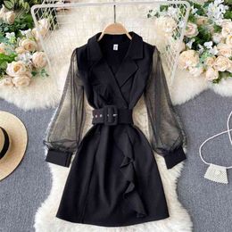 Elegant Lady Office Clothes Spring Summer See Trough Mesh Patchwork Puff Sleeve Nothed Collar Vintage Women Short Dress 210603