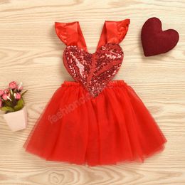 Infant Newborn Baby Toddler Girls Sequins Heart Dress Hollow Out Back Lace Up Sleeveless Mesh Tutu Skirt Diaper Cover Romper Jumpsiut Valentine's Day Dresses