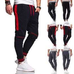 Mens Splicing Fitness Sweatpants Fashion Trend Zipper Drawstring Running Long Pants Spring New Male Multiple Pockets Casual Skinny Trousers