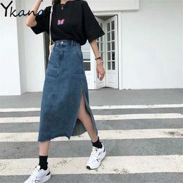 Summer Sexy High Waist Side Split Denim Skirt Women Cotton A-Line Solid Slim Jeans Skirt Korean Fashion Wrap Hip Streetwear 210619