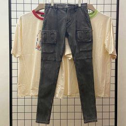 Men's Jeans Ins men's high street fashion motorcycle multi bag slim fit wash grey jeans trendy casual pants