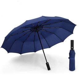 Strong Wind Resistant Folding Automatic Umbrella Men Women Rain 12Ribs Large Umbrellas Business Portable Long Handle Parasol 210223