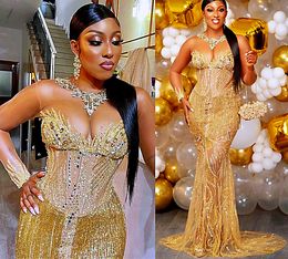 2021 Plus Size Arabic Aso Ebi Gold Luxurious Mermaid Prom Dresses Beaded Crystals Sheer Neck Evening Formal Party Second Reception Gowns Dress ZJ595