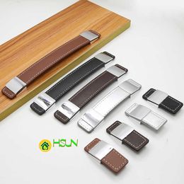 2 pcs Leather handle Brown cabinet door drawer furniture hardware wardrobe single hole double 160mm spacing