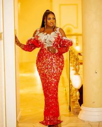 2021 Plus Size Arabic Aso Ebi Red Mermaid Luxurious Prom Dresses Lace Beaded Sequined Evening Formal Party Second Reception Gowns Dress ZJ550