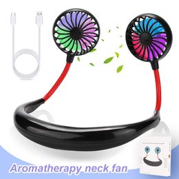 Hands-free Mini Portable USB Fan Rechargeable Outdoor Sports 360 degree rotating Lazy Hanging Neck Band Portable Fan with LED lamp