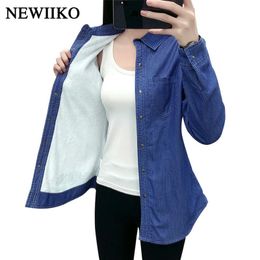 New Autumn winter women cotton flannel Warm thickening pocket long sleeve blouse Denim shirt casual flannel tops plus size 210303