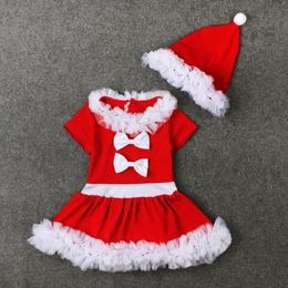 Christmas Baby Girl Clothes Lace Toddler Girls Dresses Hats 2pcs Sets Red Colors Children Party Costume Xmas Baby Clothing DW4610