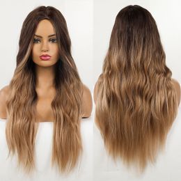 Ombre Dark Black Brown Golden Synthetic Wig Natural Middle Part Long Wave Wig for Women Daily Party Cosplay Heat Resistant Fiberfactory dire