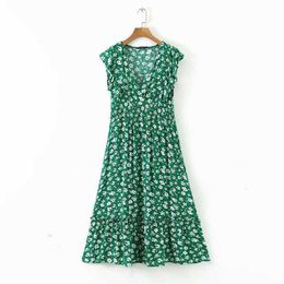 women v neck flower print ruffles green midi dress elegant shrink fold design vestidos chic brand party dresses DS3576 210603