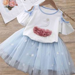 Summer Girls' Clothing Sets Cartoon Swan Embroidered Strapless Fly Sleeves Top+Gauze Skirt Princess Baby Kids Children Clothes 210625
