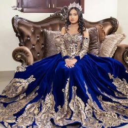 Princess Velvet Blue Quinceanera Dresses 2022 Lace Applique Sweet 16 Dress Long Sleeves vestidos de 15 Ball Gown Prom Gowns CG001