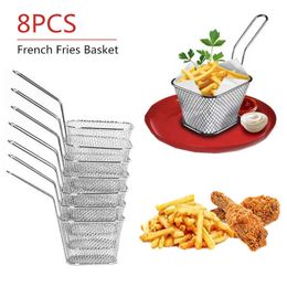 1-8Pcs Stainless Steel French Fries Basket Mesh Kitchen Frying Tools Colander Mini Chips Fryer Cooking Frying Basket Strainer 210626