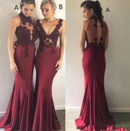 Cheap Simple Burgundy Mermaid Bridesmaid Dresses Long Illusion Satin Lace Applique Floor Length Wedding Guest Dresses Maid Of Honour Gowns