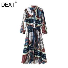 [DEAT] Summer Fashion Single-breasted Turn-down Collar High Waist Knee-length Long Sleeve Printing Dress 13Q251 210527