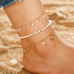 Charm Shiny Crystal Pendant Anklet Set White Beads Fine Gold Anklets Multilayer Geometric Pendant Foot Chain Jewellery