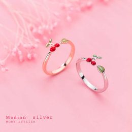 Real 925 Sterling Silver Enamel Sweet Lovely Cherry Leaves Open Adjustable Finger Ring for Women Korea Style Fine Jewellery 210707