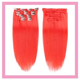 Brazilian Human Hair Extensions Clip In Red Straight 14-24inch 70g 100g Red Pure Color 7pcs Clips On Hair Products