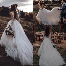2021 sukienki wiejskie długie rękawy koronkowe aplikacje zamiatanie pociągu Tiul Tiul na niestandardowy ślub ślubna suknia ślubna vestido de novia