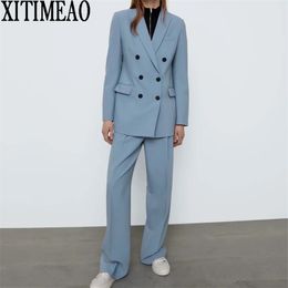 ZA Women Fashion Office Wear Double Breasted Blazers Coat Vintage Long Sleeves Outerwear And High waist casual pants 2-piece Set 211006