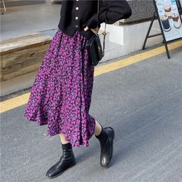 Spring Vintage Floral Print Ruffle Pleated Long Skirts Women Korean Skirt Streetwear Drawstring Elastic Waist Midi Skirt 210310