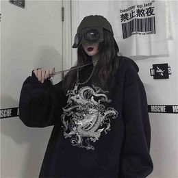 Dragon Print Chinese style Harajuku Retro Swag hoodie Top Oversized streetwear Unisex kpop y2k Casual hoodies couple clothes 210803