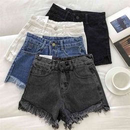 Women Summer Fashion Tassel Jean Denim Shorts Washed Distressed Jeans Ripped Casual Korea Zipper Fly Sexy 210708