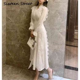 White Solid Dress For Woman Lace V-neck Single-breasted Vestidos Lady Elegant Vintage Long Dresses Female Spring Clothing 210603