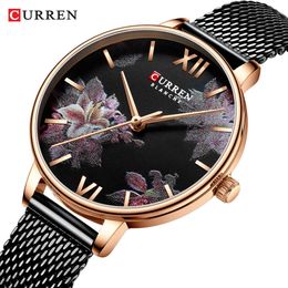 Curren New Ladies Flower Watches Women Stainless Steel Bracelet Wristwatch Women's Fashion Quartz Clock Reloj Mujer Casual Q0524