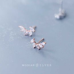 Sparkling Rhombus Clear Zircon Feather Stud Earrings 100% Real 925 Sterling Silver Rose Gold Color Jewelry For Women 210707