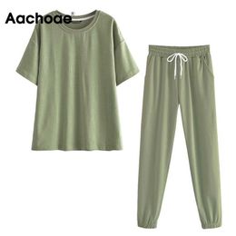 Aachoae Summer Casual 2 Piece Set Women O Neck Batwing Sleeve Loose Basic Tshirt Sports Full Length Pencil Pants Lady Sets Y0625