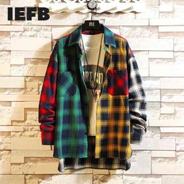 IEFB /autumn personality Korean style trend of color matching plaid shirt men's casual hip hop loose long-sleeved 5XL 0023 210626