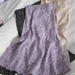 Floral Purple Print Ruffle Pleated Long Skirts Summer Women Korean Style Streetwear Drawstring Elastic Waist Midi Skirt 210619