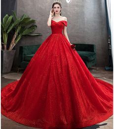 Vestidos De Mairee 2021 Red/White Wedding Dresses with Sequins Cathedral Train Arabic Middle East Church Off Shoulder Backless Bridal Gowns