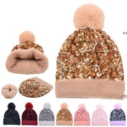 Winter Plus Velvet Sequins Knitted Hats For Women Beanie Hat Unisex Elastic Warm Hip Hop Cap Soft Baggy Bonnet Wholesale RRB12428