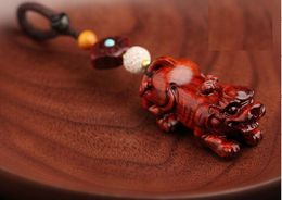 mythical wild animal amulet key rings creative red sandalwood carving pixiu keychain hand woven chainkey pendant