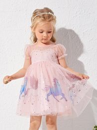 Toddler Girls Unicorn Print Puff Sleeve Cut Out Back Sequin Mesh Dress SHE