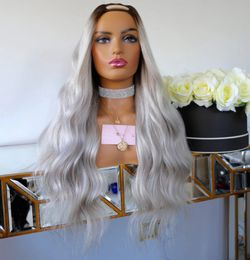 Glueless Human Hair Wig Ombre Grey Blonde Middle Opening U Part Wigs 2x4 Natural Wave Remy Hair for Women Full Machine Made 100% Unprocessed