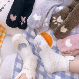 Cat Paw Women Socks Cute Heart Winter Plush Socks For Girls Warm Sweet Kawaii Coral Fleece Socks