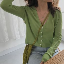 2021 Women Autumn Casual Avocado Green Knit Cardigan Cropped Knit Top Soft Sweater Vintage Knit Cardigan 210218