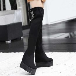 Black Wedges Shoes For Women Suede Leather Over Knee Boots 12cm Platform Heels Autumn Winter Long Boots Bottine Femme Hiver Y1018